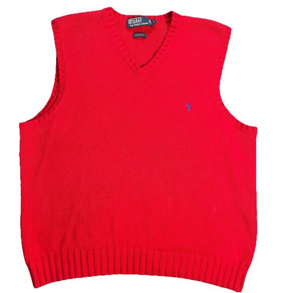 Vtg Polo Ralph Lauren Sweater Vest Mens Large Red Cotton Rib Knit Pony Fall Lg - Picture 1 of 15